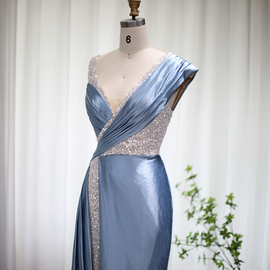 Elegant Blue Mermaid Long Evening Dresses Luxury Dubai High Slit Formal Prom Dress For Women Wedding Party SS478