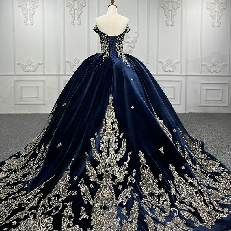 Velvet Blue Evening dress Off The Shoulder evening gala Quinceanera Dress