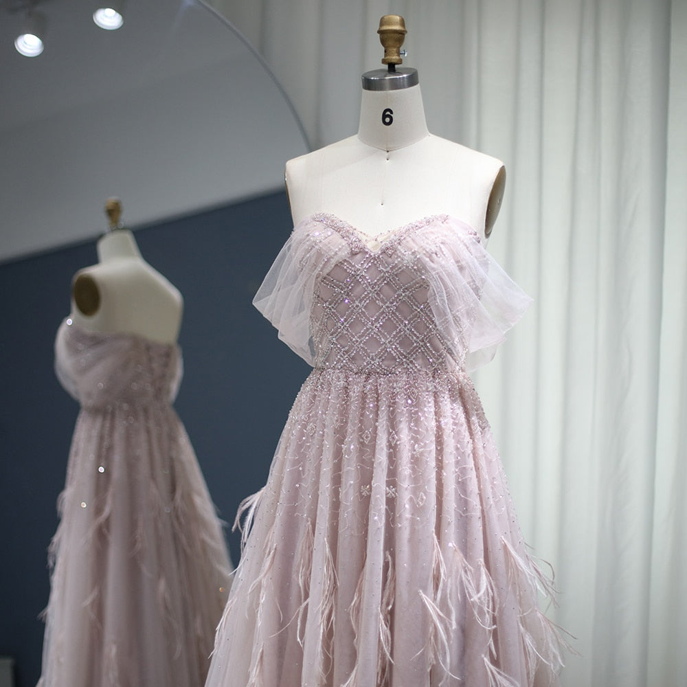 Luxury Feather Pink Dubai Evening Dresses Elegant Off Shoulder Beaded Champagne Formal Dress for Women Wedding SS278