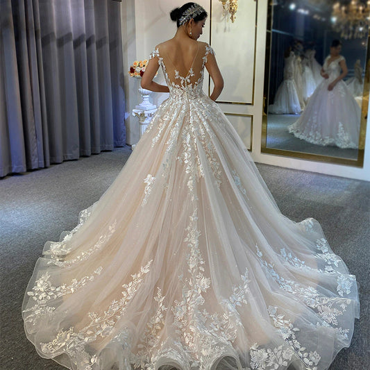 Beading lace and tulle illusion wedding dresses chapel train weding dress women Appliques wedding dresses for women