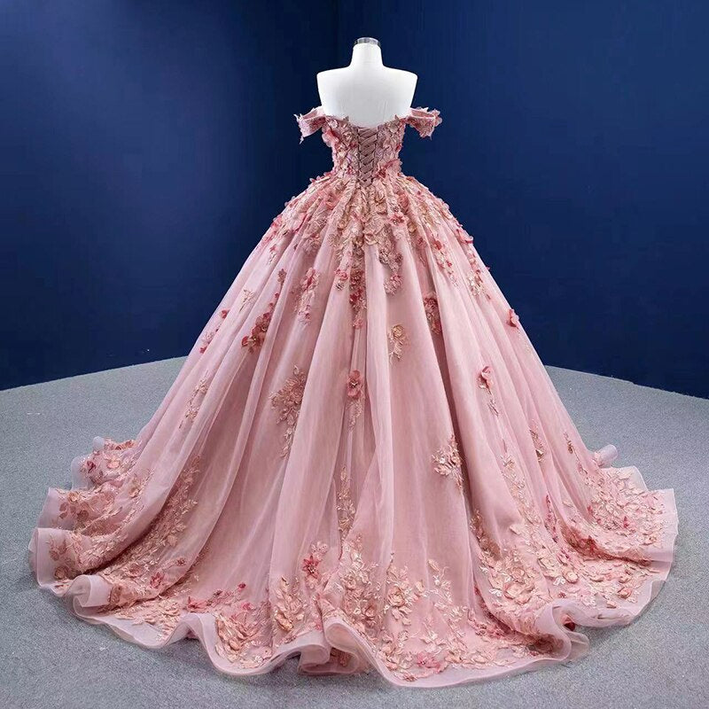 Jeheth Exquisite Peach Prom Dresses Off Shoulder 3d Flowers Backless  Evening Party Gown Tulle Spaghetti Straps فساتين للحفلات ال - Prom Dresses  - AliExpress