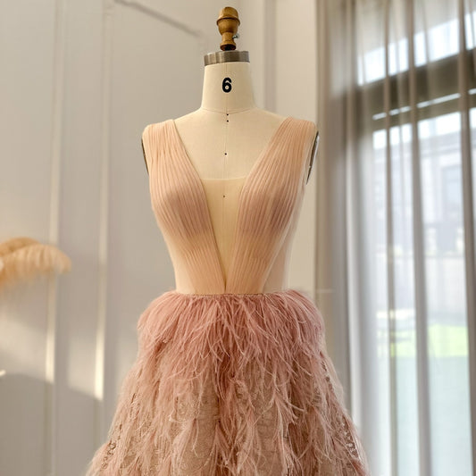 Luxury Dubai Feather Blush Pink Short Evening Dresses for Women Wedding Party Midi Formal Cocktail Prom Gowns SS216