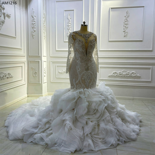 AM1216 Long Sleeve Ruffles mermaid sequin Appliques Luxury long sleeve Wedding Dress