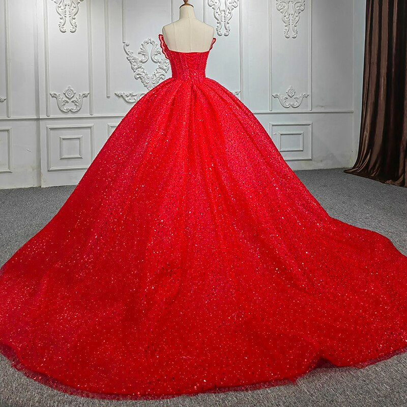 Red flower shiny sequined ball gown luxury shimmery quinceanera gala prom evening wedding dress