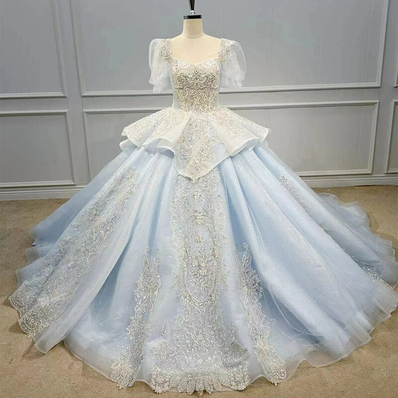 Blue short sleeve ball gown long train royal wedding dress