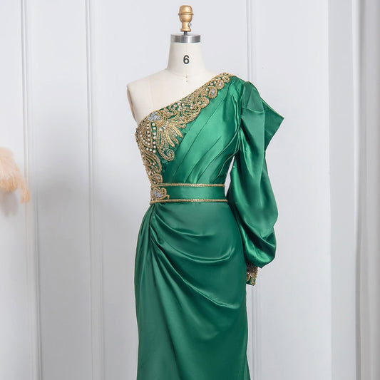 Elegant Emerald Green Mermaid One Shoulder Evening Dress Luxury Dubai Beaded Wedding Prom Formal Dresses SS220