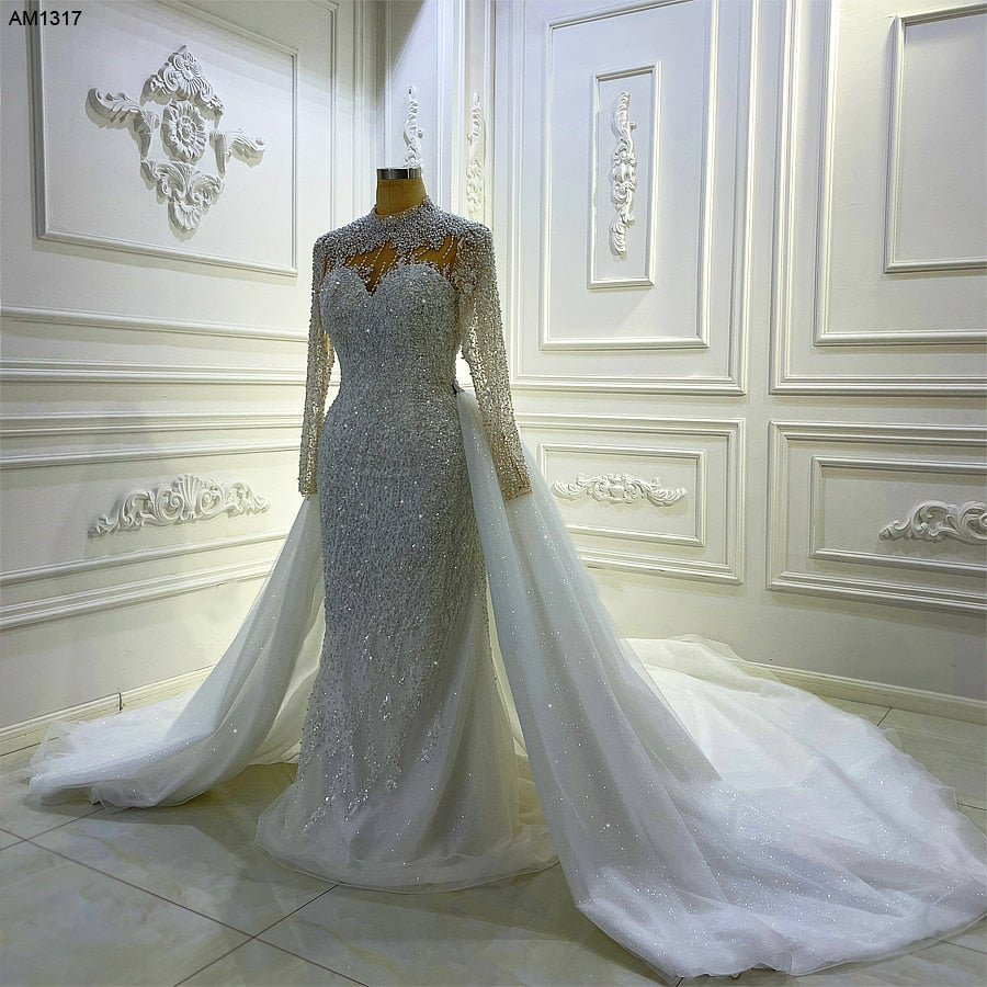 AM1317 Fashion Beading 2 in 1 Mermaid full pearl Beading illusion neckline Luxury Wedding Dress