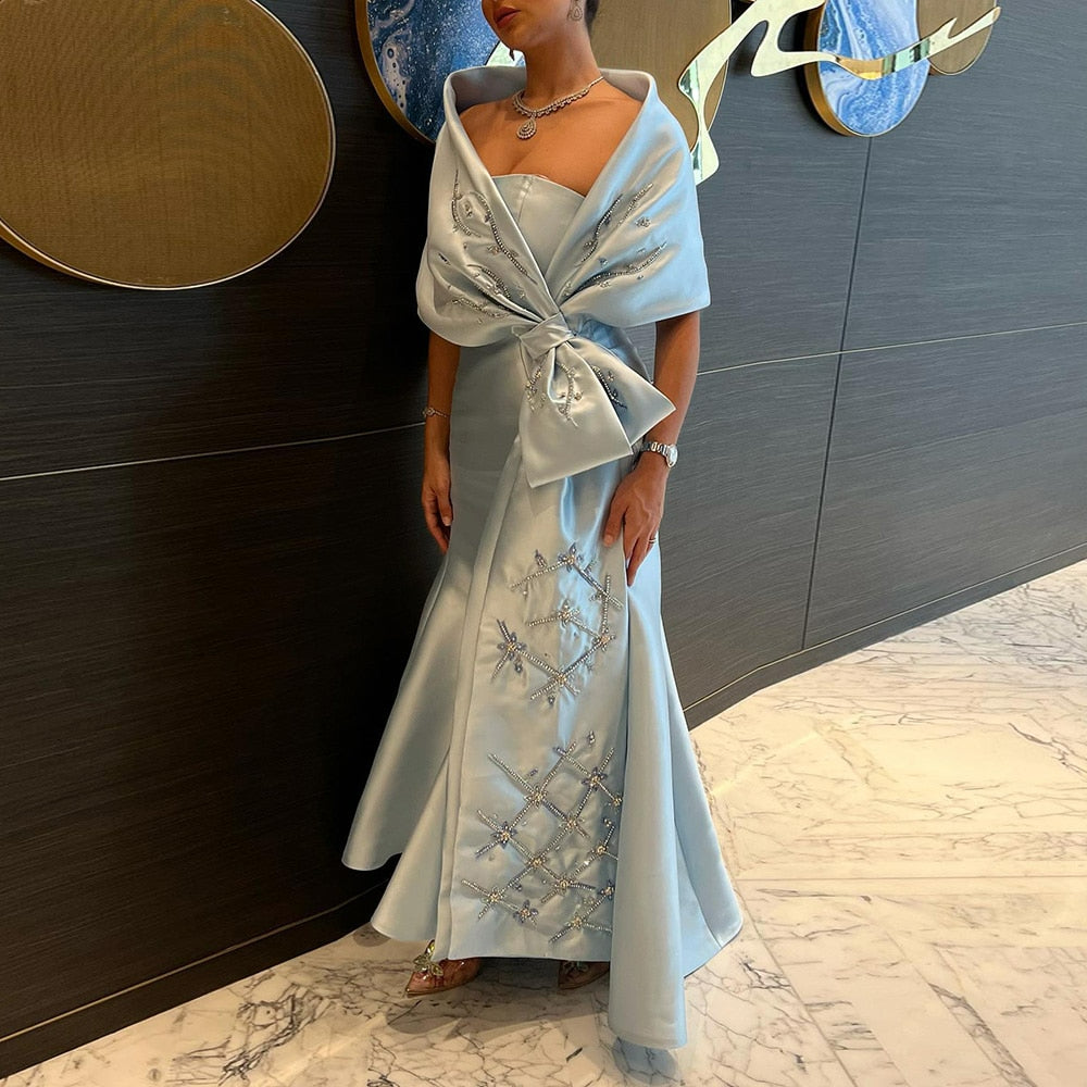 Luxury Dubai Blue Mermaid Arabic Evening Dresses with Cape Shawl Beaded Elegant Women Wedding Guest Party Gown SS333