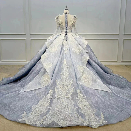 High Neck crystal beading shinny ball gown shimmery luxury blue wedding dress