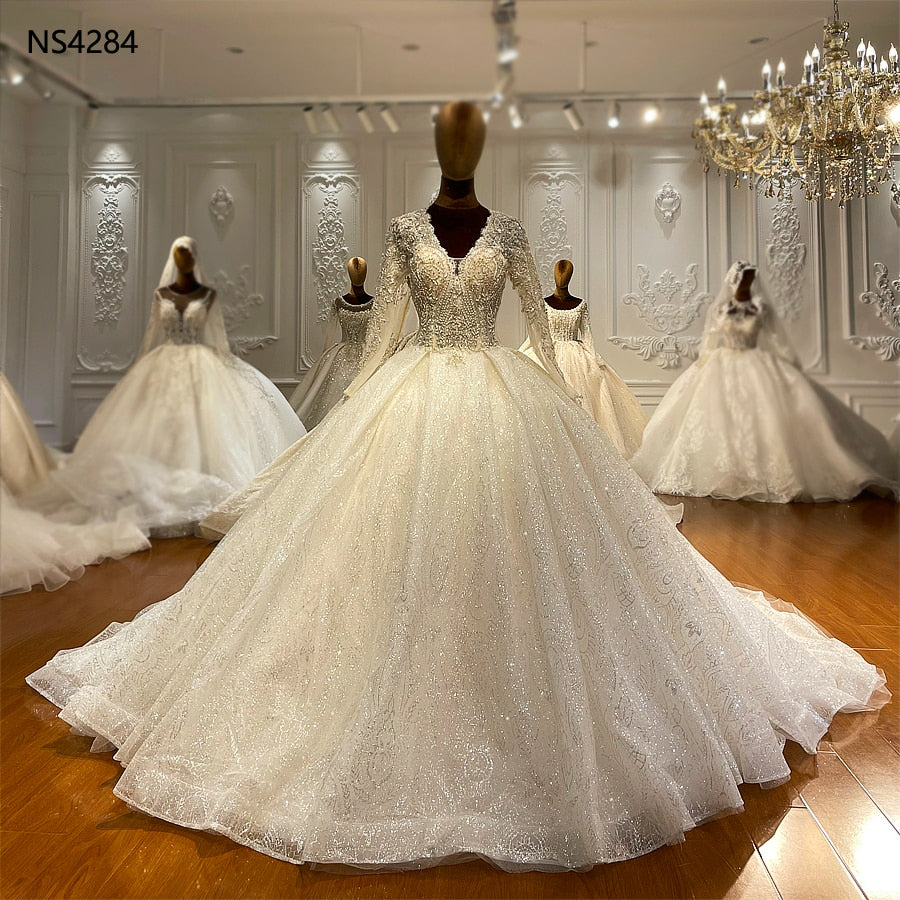 NS4284 Long Sleeves V neck luxury ball gown Lace wedding Dress