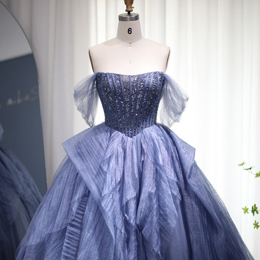 Luxury Blue Tulle Ball Gown Evening Dress for Wedding Party Elegant Sweet 16 Dress Quinceanera Birthday Formal SS207