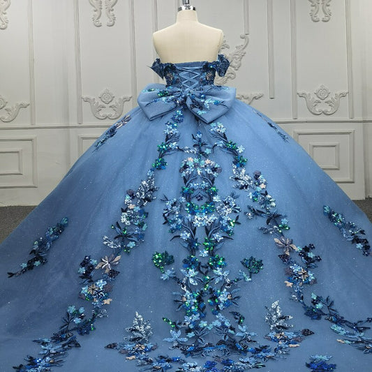 Blue Quinceanera ball gown flower applique luxury dress
