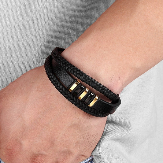 Fashion Stainless Steel Charm Magnetic Black Men Bracelet Leather Genuine Braided Punk Rock Bangles Jewelry Accessories