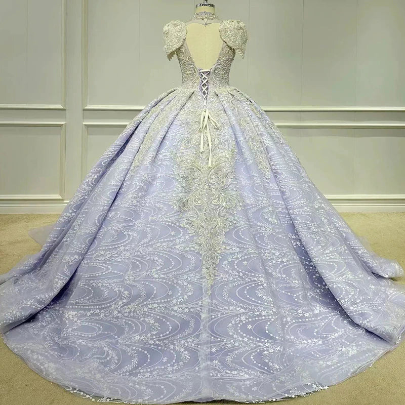 short sleeve blue shiny shimmery blue custom made wedding dress