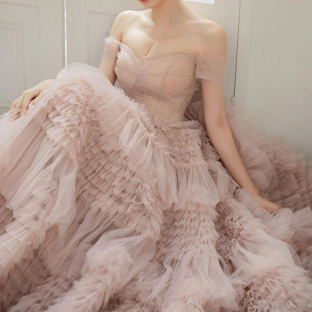 Blush Pink Off Shoulder Arabic Evening Dress Tulle Tiered Puffy Long Dubai Formal Prom Dresses Sweet Birthday Party Gown SS238