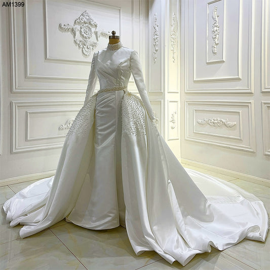 AM1399 Luxury Long Sleeve High neck For Mulism Bride 2 In 1 Stain Mermaid Wedding Dress