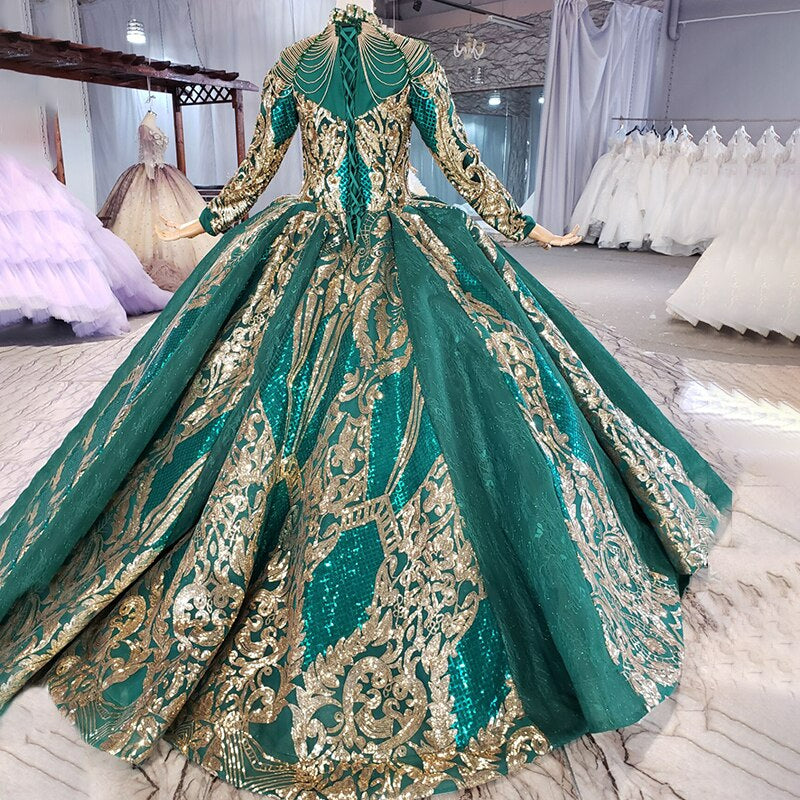 Gold embroidery flower shiny applique green gala evening quinceanera dress
