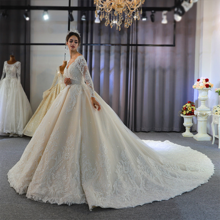 AM401 Long sleeve ball gown lace applique shiny v neck luxury wedding dress