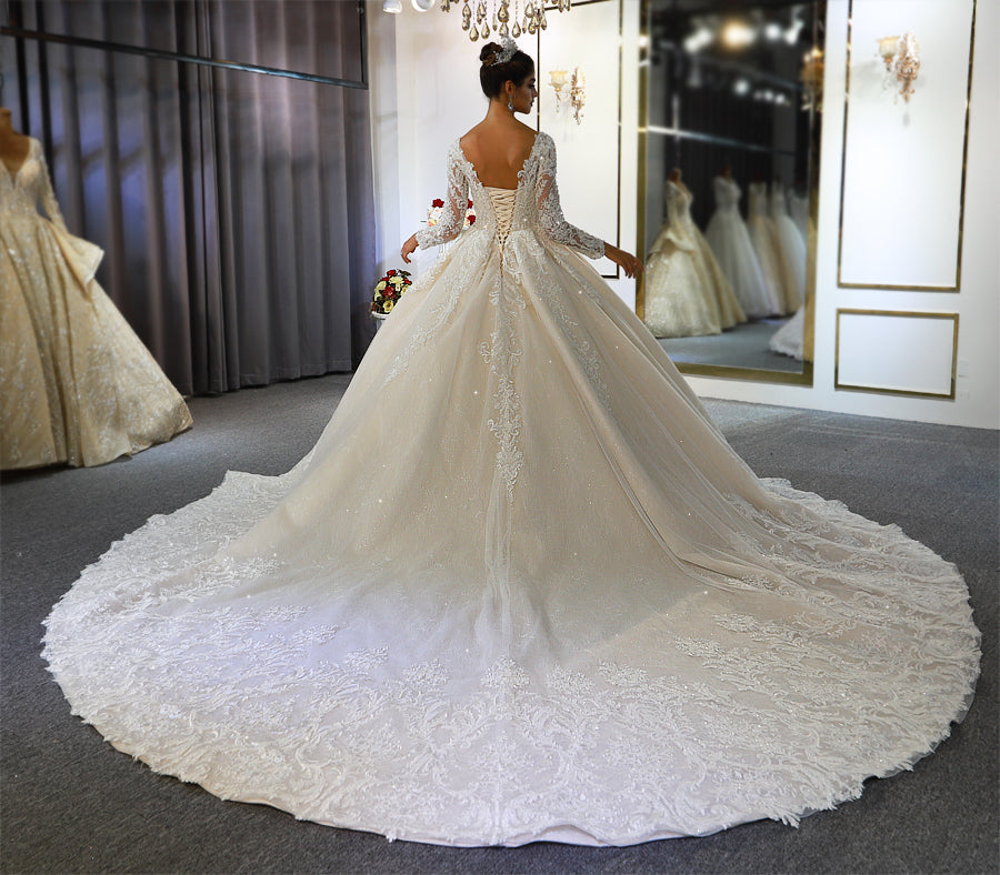 AM401 Long sleeve ball gown lace applique shiny v neck luxury wedding dress