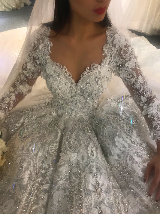 AM285 Long Sleeve Crystal 3D Flowers Royal Luxury Wedding Dress