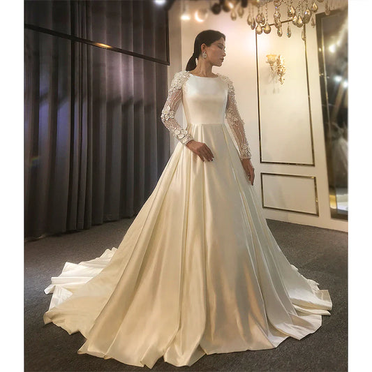 Simple elegant plain satin wedding dress with long sleeves Muslim Modest Wedding Dress Lace Applique Sheath Wedding Dress