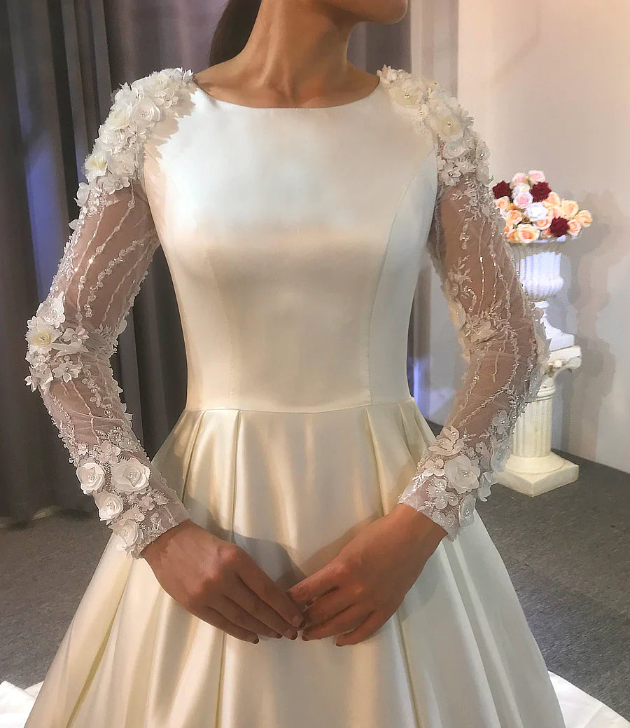Simple elegant plain satin wedding dress with long sleeves Muslim Modest Wedding Dress Lace Applique Sheath Wedding Dress
