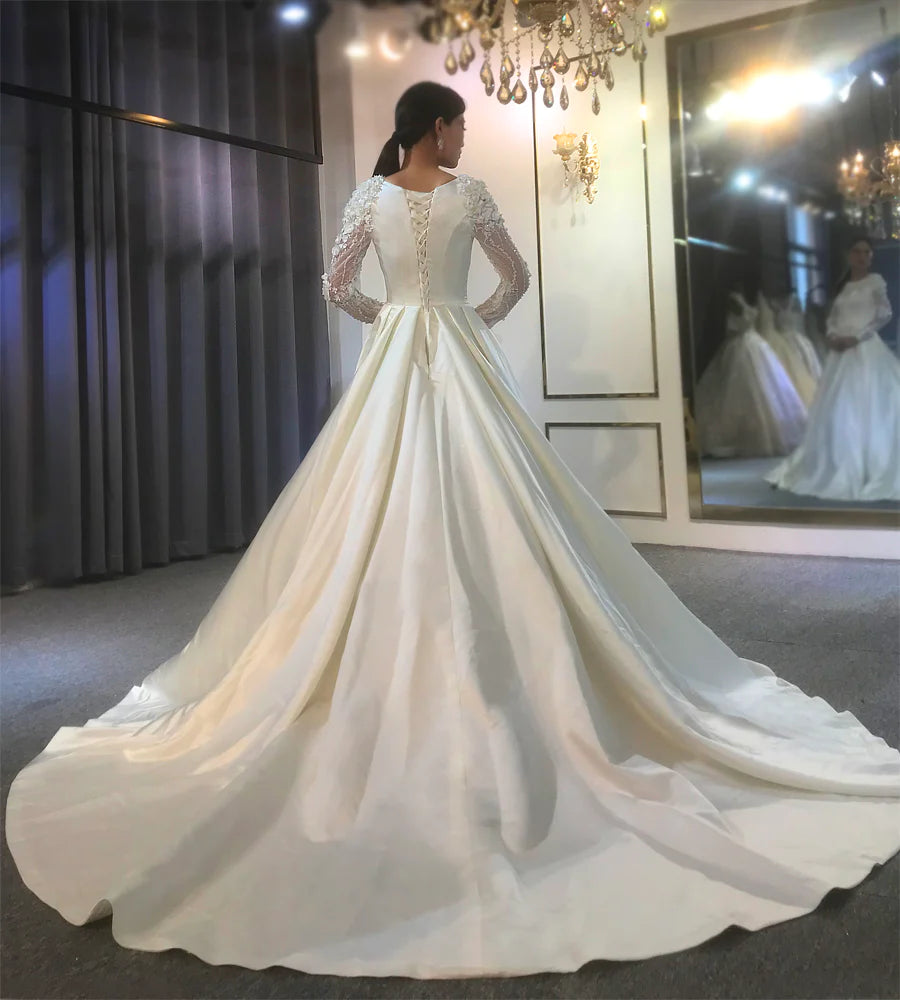 Long Sleeve Low Back Ivory Crepe Satin Wedding Ball Gown - Promfy