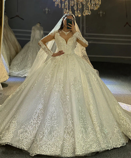 AM622 Long Sleeve Glitter Ball Gown Custom Wedding Dress