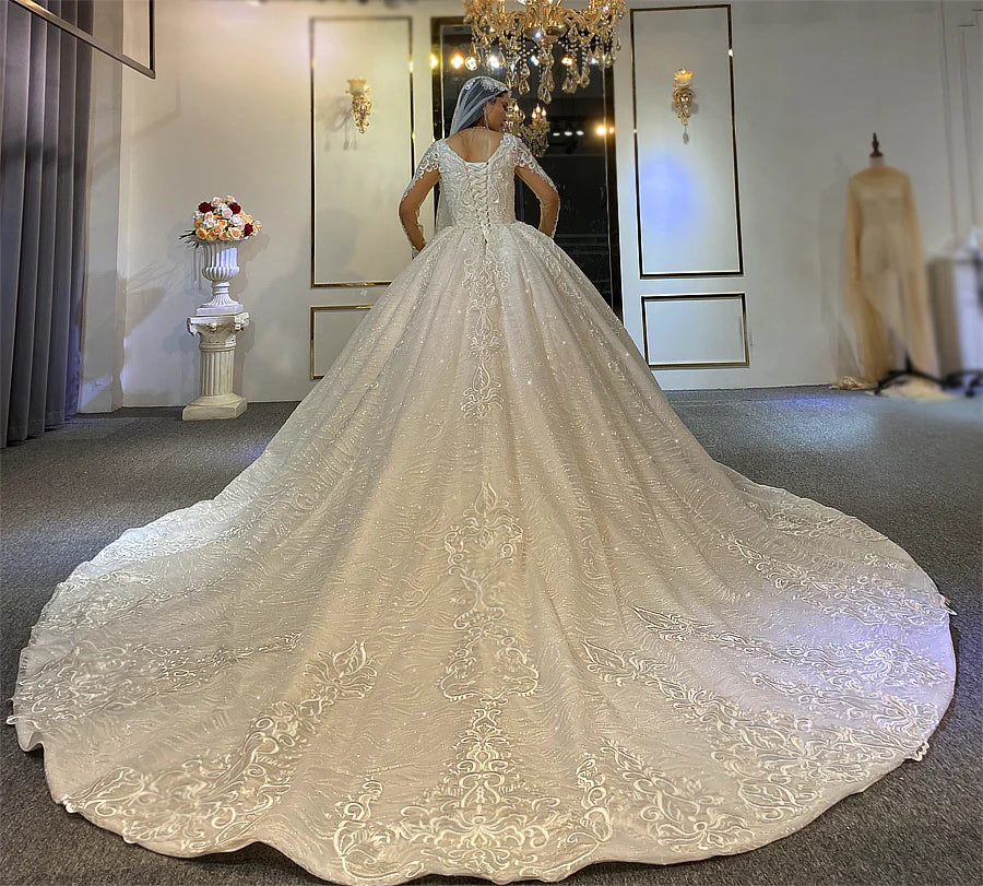 AM622 Long Sleeve Glitter Ball Gown Custom Wedding Dress
