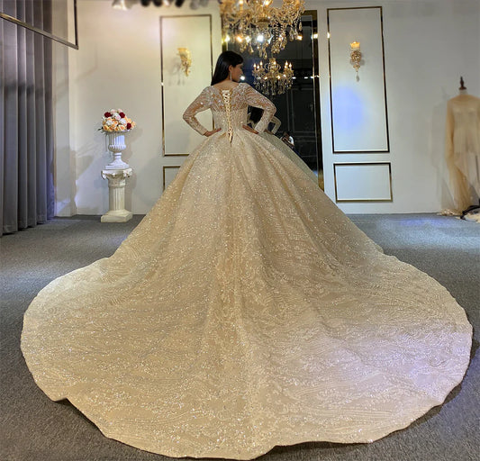 AM613 Sweetheart Neckline Long Sleeve Shiny Shimmery Glitter Luxury Affordable Haute Couture Ball Gown Wedding Dress Aiso Bridal