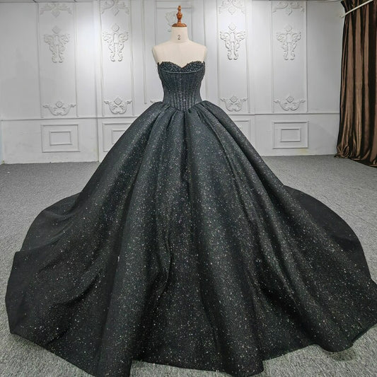 Shiny black shimmery black luxury black pearl beaded ball gown wedding dress