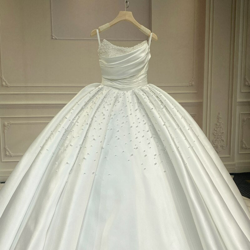 Sleeveless Satin Full Pearl Beaded Ball Gown Luxury Couture Affordable Wedding Dress