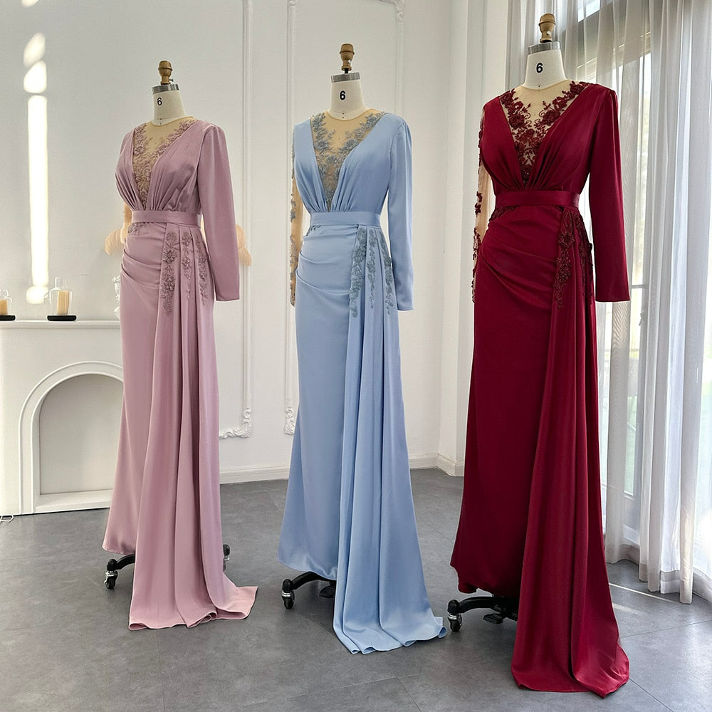 Dusty Pink Mermaid Arabic Evening Dress with Overskirt Long Sleeve Luxury Dubai Women Wedding Guest Party Gown SS519