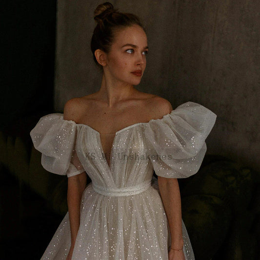 Shiny Glitter Wedding Dresses with Puff Short Sleeve Vintage Bride Dress Boho Wedding Gowns Princess Robe de Mariee