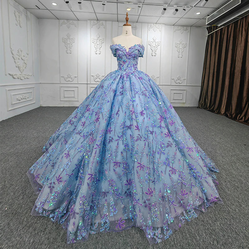 Purple and blue flower embroidered luxury ball gown quinceanera evening gala wedding dress