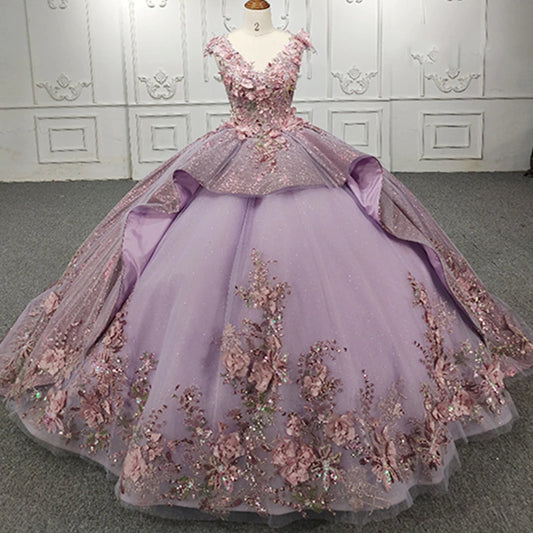 Purple V-neck Beading Lace Evening Quinceanera Party Dress
