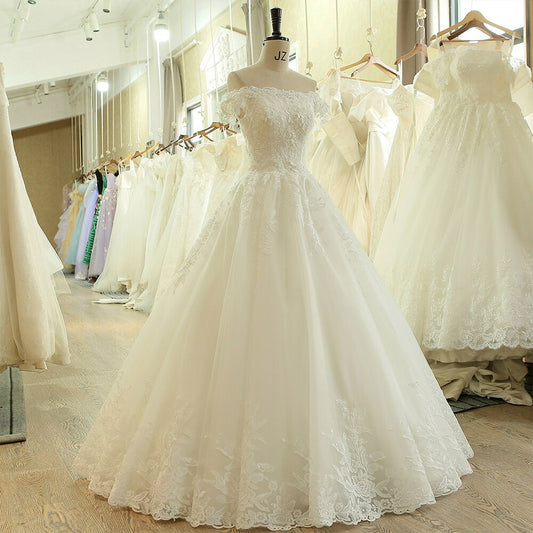Fashion Cheap Off the Shoulder Short Sleeve Beads Lace Applique Bridal Wedding Dress matrimonio vestido longo