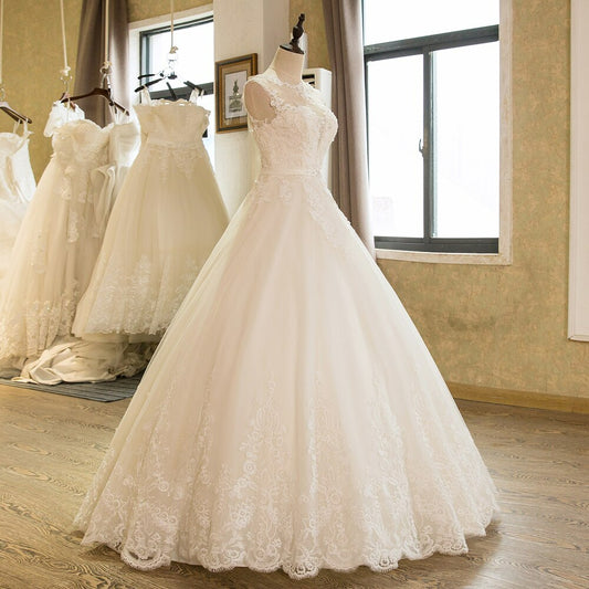 A-Line Sleeveless Tulle Lace Appliques Vintage Wedding Dress Boho Wedding Dress Aiso Bridal