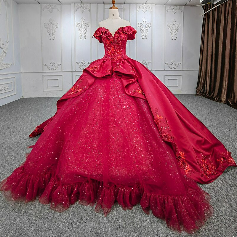 Luxury Red ball gown shinny wedding dress