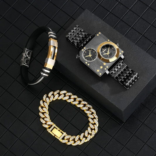 3PCS New Mens Watches Top Brand Luxury Black Quartz Watch for Men with Bracelet Set Gift for Boyfriend Square Dial Design Reloj