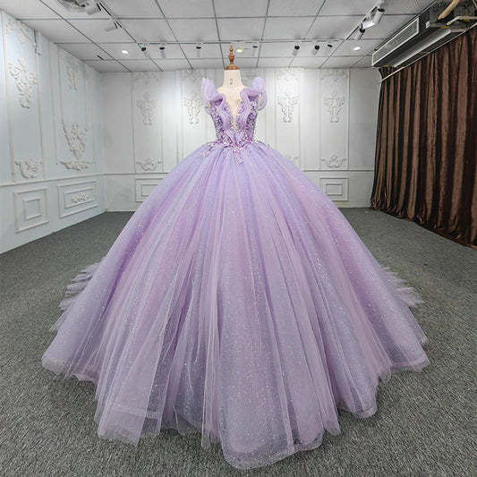 Purple Ruched v neckline quinceanera ball gown flower applique dress