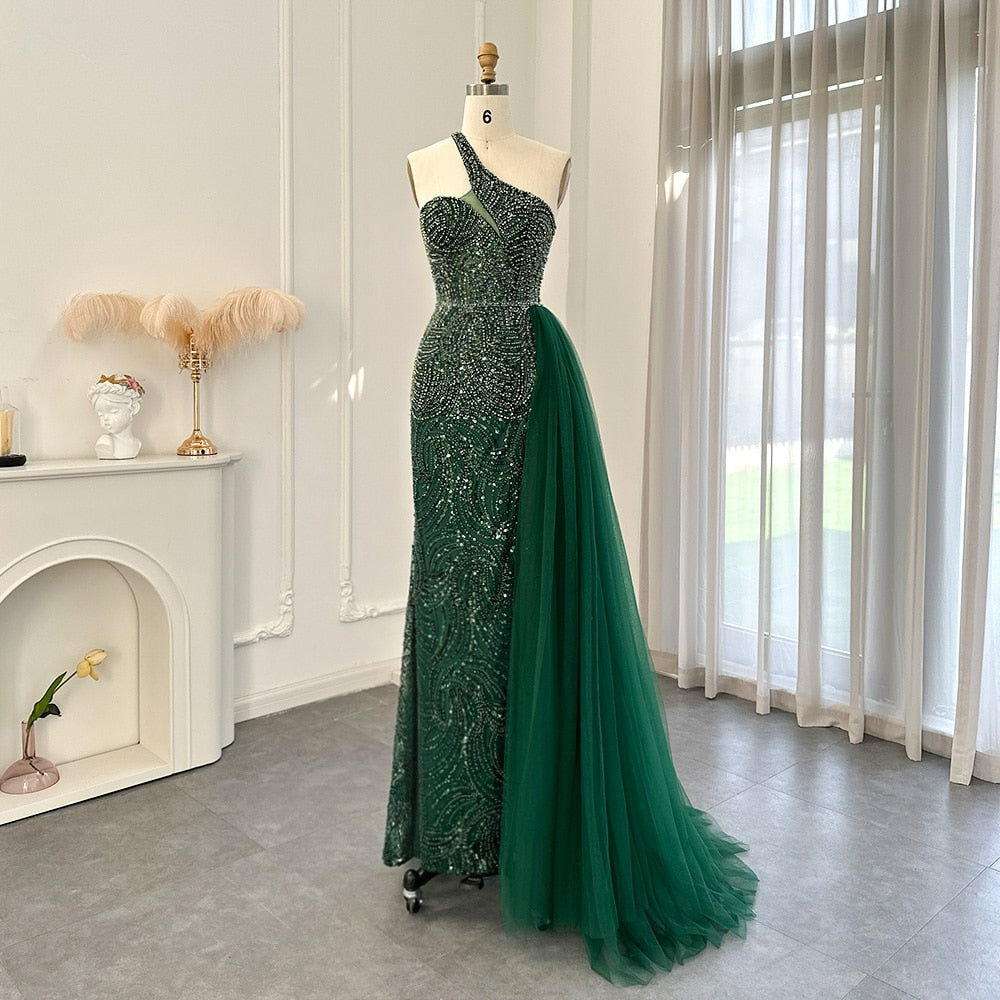 Emerald Green One Shoulder Evening Dresses with OVerskirt Side Slit Luxury Champagne Mermaid Prom Formal Gowns SS102