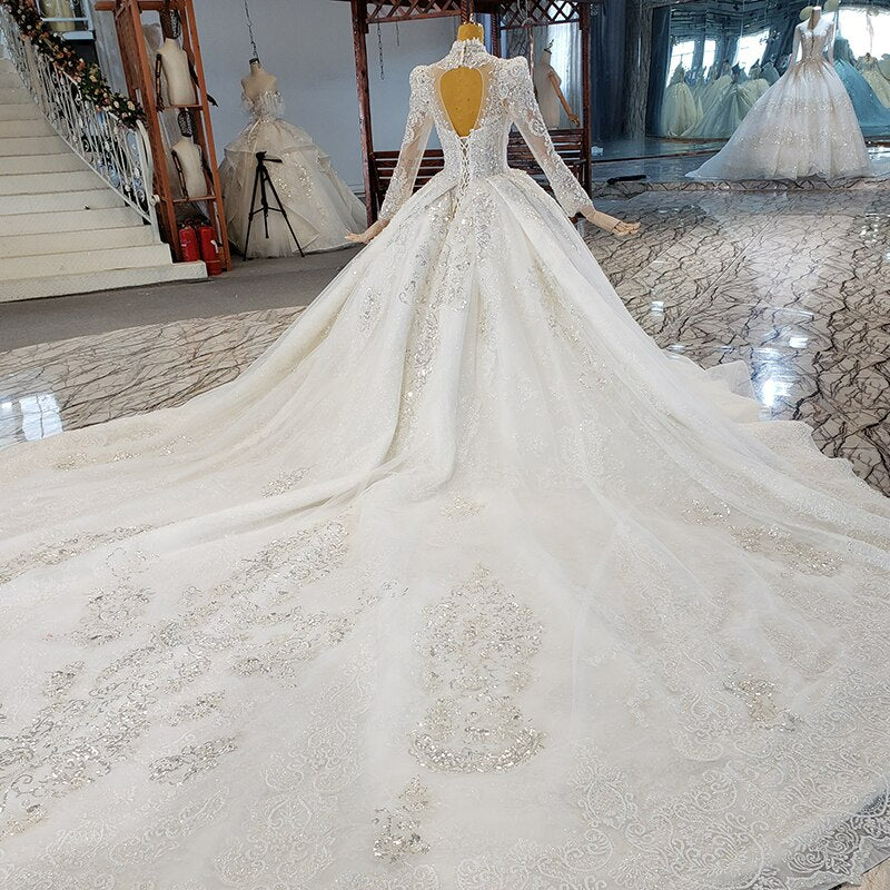 HTL2176 Luxury Elegant Long Sleeve Wedding Dress Bridal Wedding Silver Shiny Flowers Print Pearl Lace Vestido De Noiva