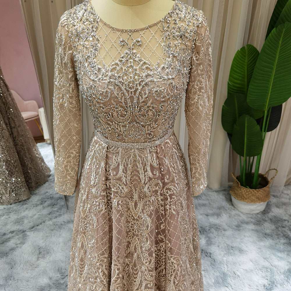 Elegant Nude Muslim Evening Dress Long Sleeve Luxury Crystal Dubai Plus Size Women Formal Dresses for Wedding Guest Party SS191