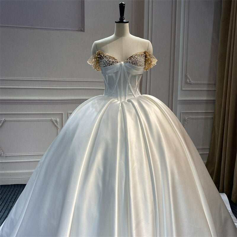 MW004 Luxury Satin Bridal Dress with Pearls off the shouldre Strapless Plus Size Vestido De Noiva Robe Mariage