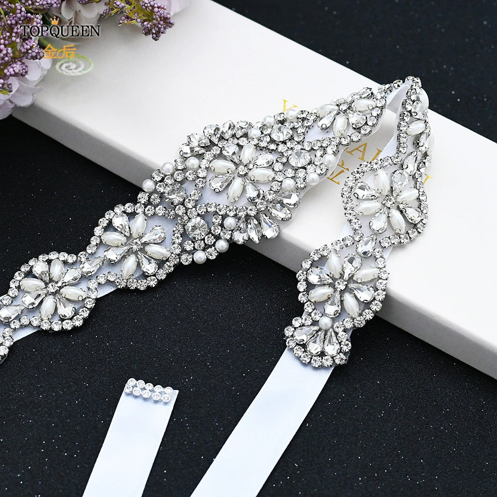 S161 Bridal Belts Bling Wedding Women Jewelry Silver Rhinestone Pearl Crystal Sparkly Party Formal Dress Diamond Sash