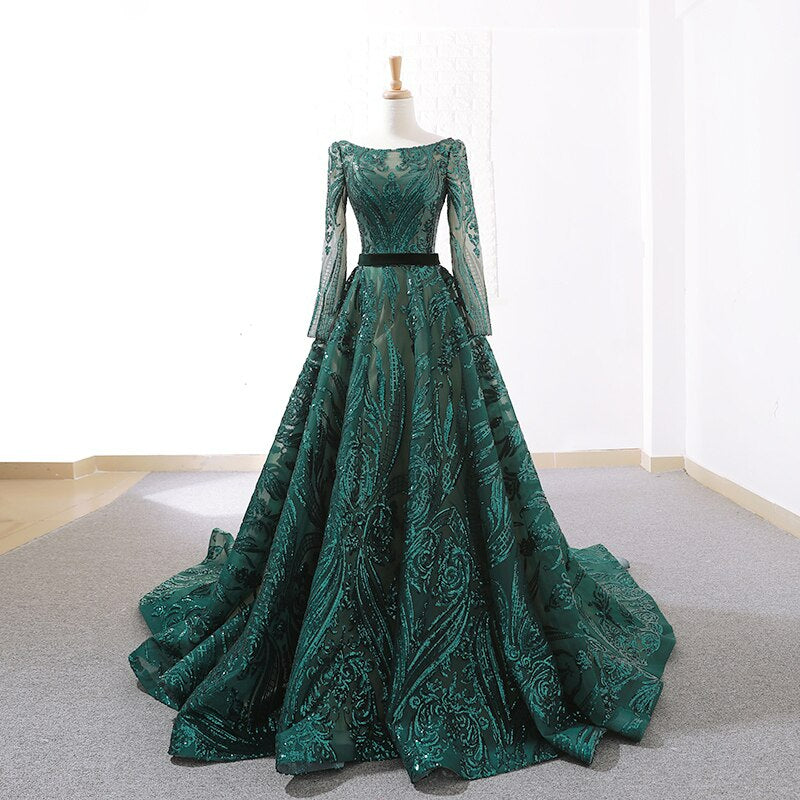 green evening party dress long o-neck dress mother of bride prom dress