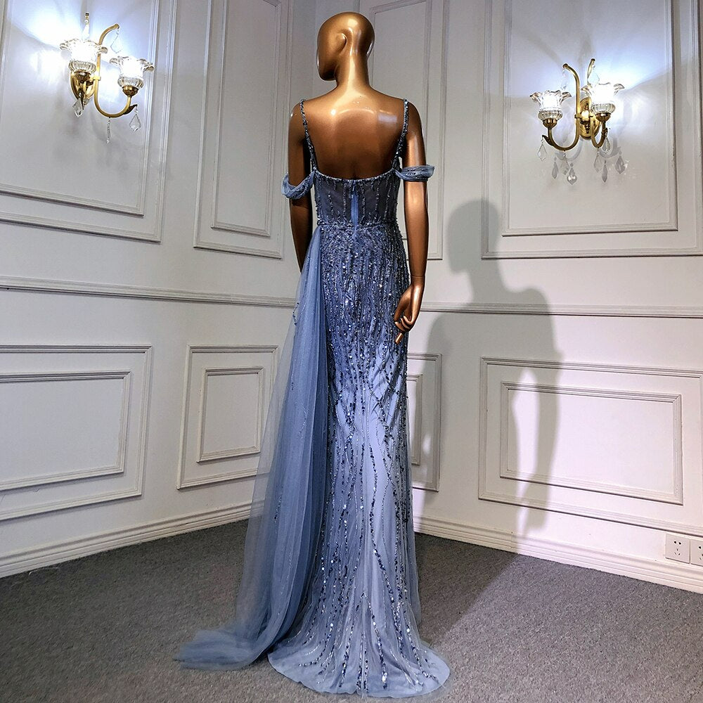 Blue Mermaid Sexy Spaghetti Straps High Split Evening Dresses Gowns Luxury Beaded For Women Party LA71571