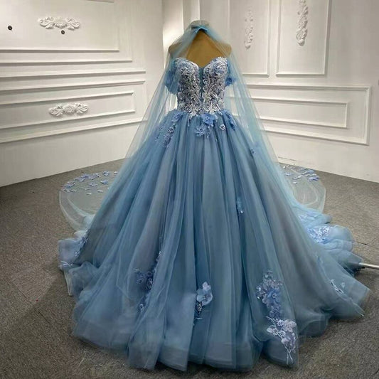 Royal Blue Dress Off Shoulder Flower Lace Applique Prom Quinceanera Dress
