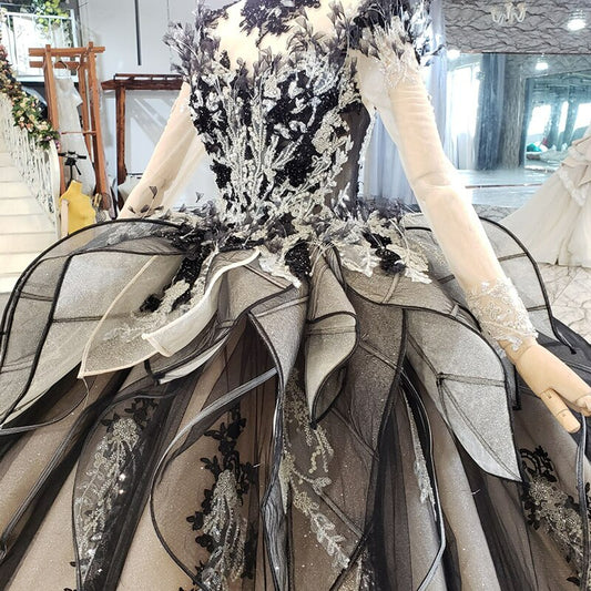 Luxury Designer V neck ball gown nude shiny BLack wedding dress